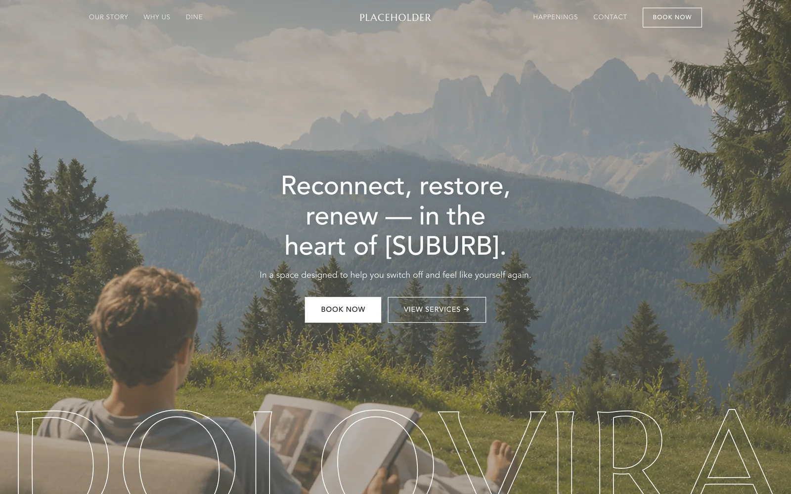 Boutique Holidays template — a wellness retreat hero with calming, nature-led imagery.