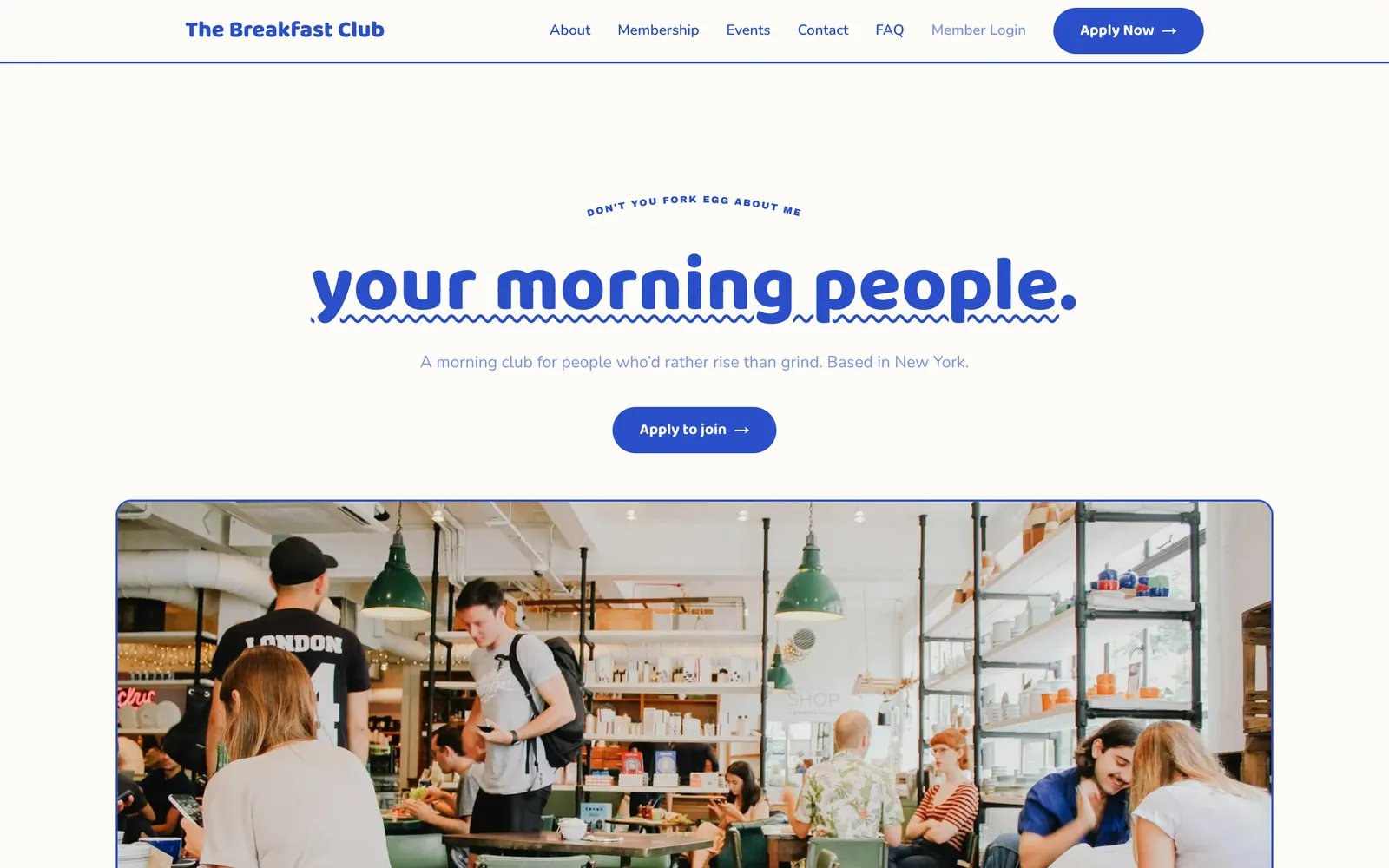 Breakfast Club template — a warm, community-driven morning café hero.