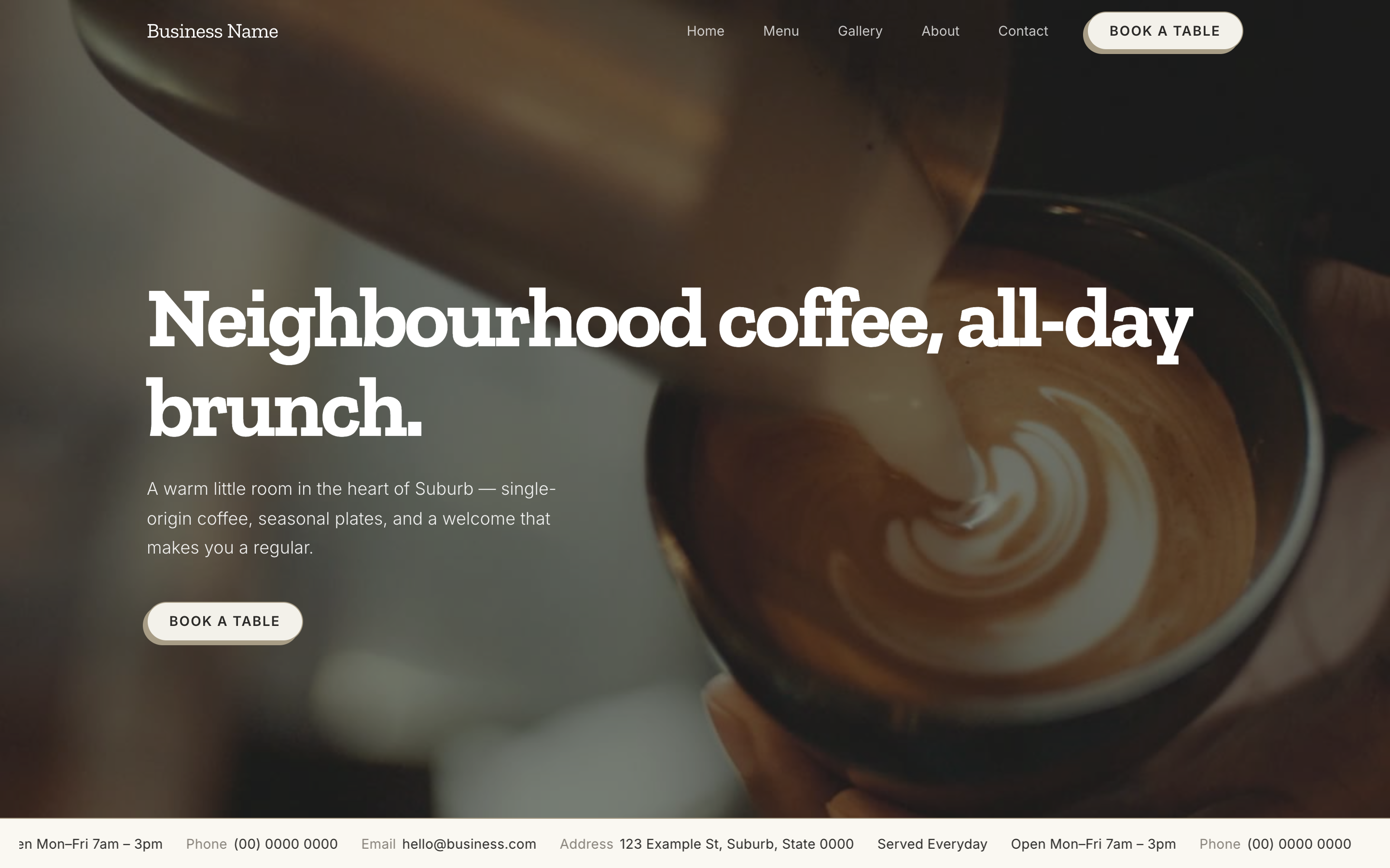 Coffee & Brunch template — a neighbourhood café hero with an all-day brunch menu.